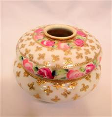 ANTIQUE PORCELAIN HAIR RECEIVER POWDER BOX VANITY SET MORIMURA NIPPON PINK ROSES